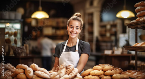 Baker woman standing with fresh breads in background. Happy woman standing in her bake shop and looking at camera. photo