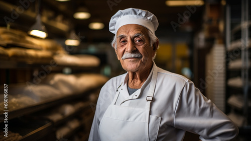 Baker man standing with fresh breads in background. Happy male standing in bake shop and looking at camera.
