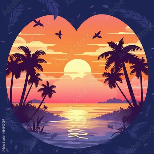 A beach sunset scene with palm trees forming a heart shape © great