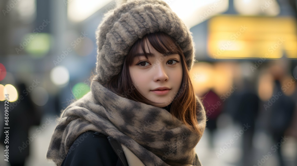 街に立つマフラーを巻いた女性 街に立つマフラーを巻いた女性