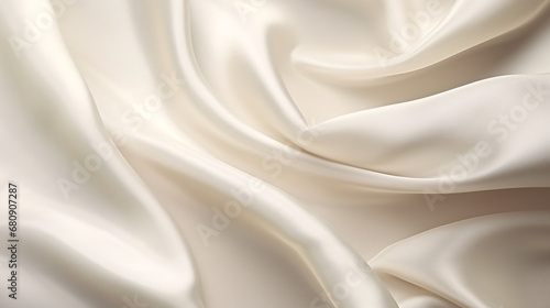 Closeup of rippled white satin fabric texture background.