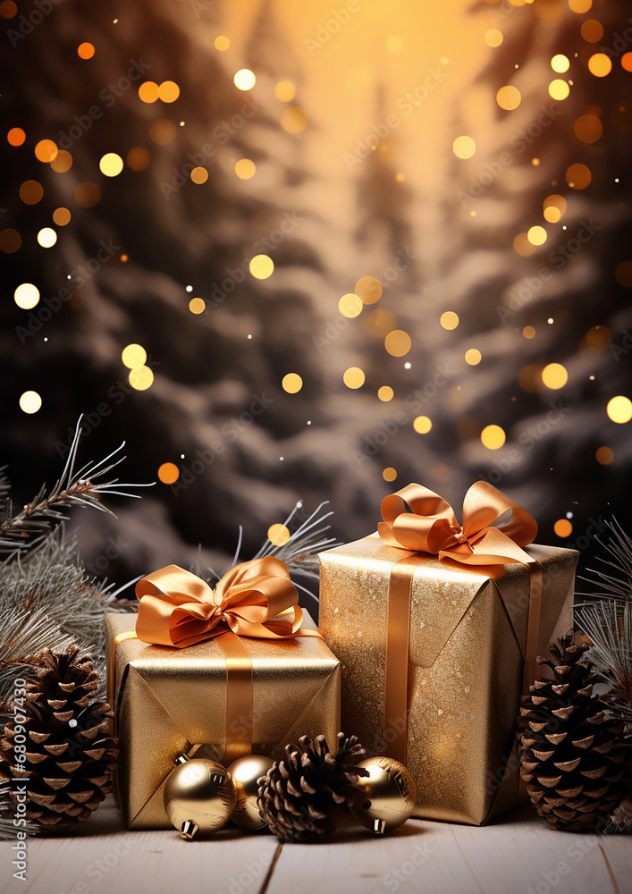 Gold gift boxes pine cones and branches background. Christmas card wallpaper.  Merry Xmas. Generative AI