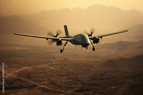 Over a sensitive borderline, a sleek military drone diligently performs its surveillance, providing critical insights and upholding the nation's security.