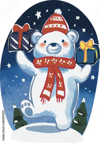 polar bear with gift in winter