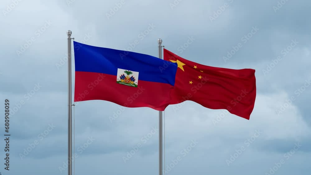 China flag and Haiti flag waving together on cloudy sky, endless seamless loop, two country relations concept China flag and Haiti flag waving together on cloudy sky, endless seamless loop, two country relations concept