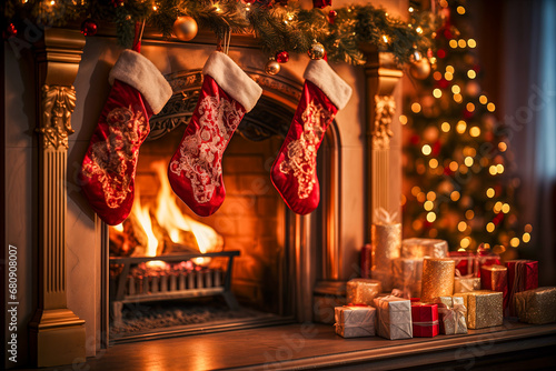 Christmas stocking hanging from a fireplace mantlepiece decorated with a christmas garland and lights with a warm fire burning in the grate