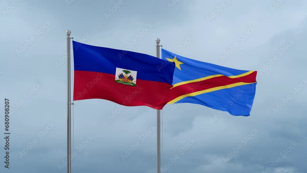 Democratic Republic of the Congo flag and Haiti flag waving together on cloudy sky, endless seamless loop, two country relations concept Democratic Republic of the Congo flag and Haiti flag waving together on cloudy sky, endless seamless loop, two country relations concept