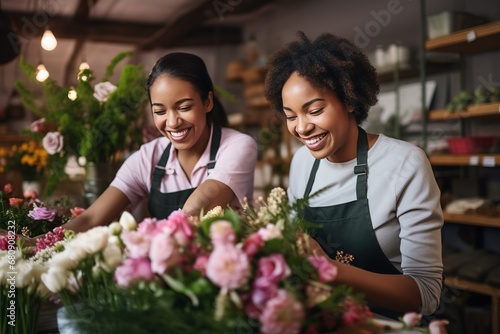 Two cheerful female florists  radiating joy and camaraderie  collaborate on creating a stunning floral arrangement.