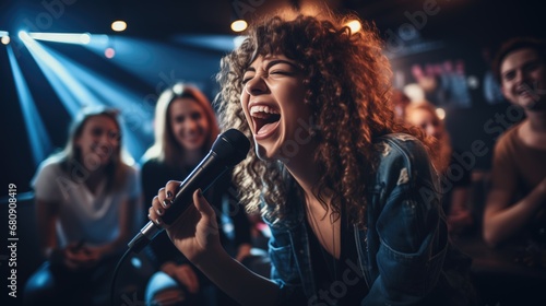 woman and friends singing at a karaoke party in a night club photo