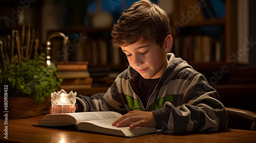 Cute little boy doing homework while sitting at the table in the evening