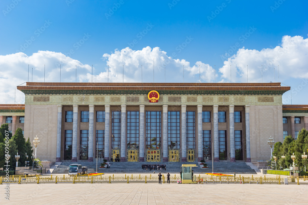Front facade of the Great Hall of the People on the Tiananmen square in Beijing, China - obrazy, fototapety, plakaty 