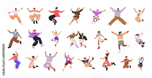 Happy joyful jumping characters set. Active energetic cheerful people celebrating success, victory. Young emotional men, women triumph. Flat graphic vector illustrations isolated on white background photo
