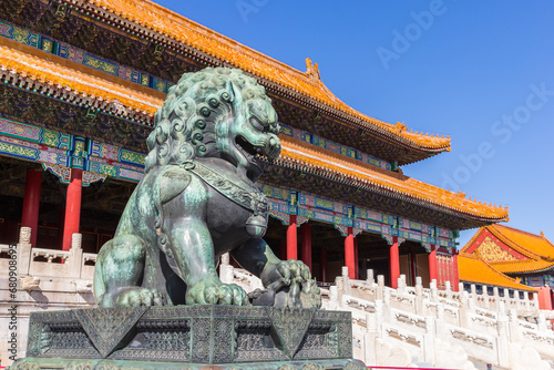 Bronze lion at the Hall of Supreme Harmony in the Forbidden City in Beijing, China