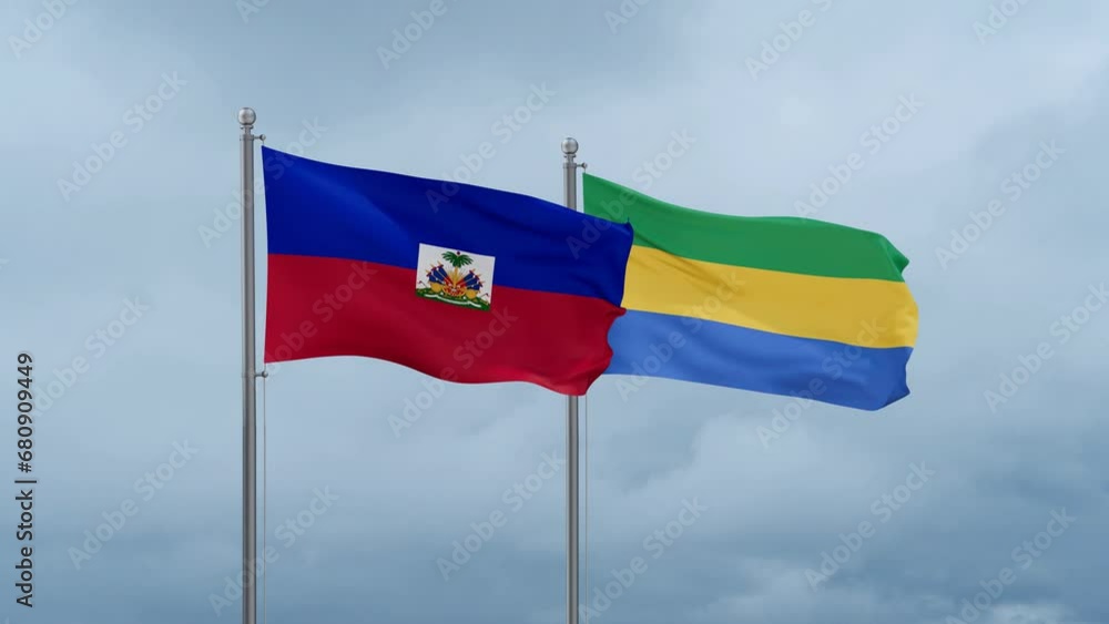 Gabon flag and Haiti flag waving together on cloudy sky, endless seamless loop, two country relations concept Gabon flag and Haiti flag waving together on cloudy sky, endless seamless loop, two country relations concept