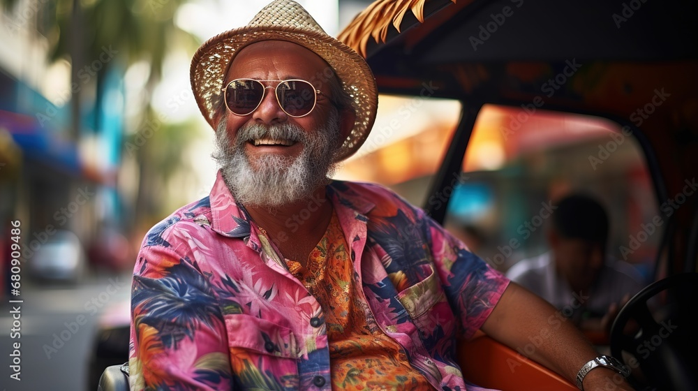 Obraz premium Vibrant Summer in Bangkok Portrait of a Happy Mature man in Colorful Attire