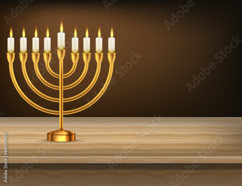 Hanukkah jewish holiday menorah wood table. Vector illustration. Realistic menorah and burning candles.