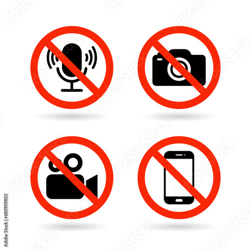 No Video, photo, phone, or sound recording forbidden icons. Photo, video, and phone are not allowed sign. No photographing and filming prohibit icon collection.