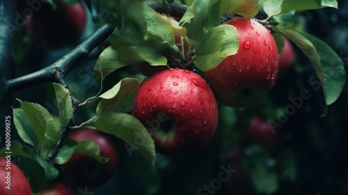 Apple with water drops on a wet background. 3d illustration