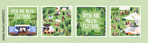 Open-air festival, outdoor summer concert, public picnic in park. Square card designs for food and music fest, vacation party, entertainment event in nature. Isolated flat vector illustrations set
