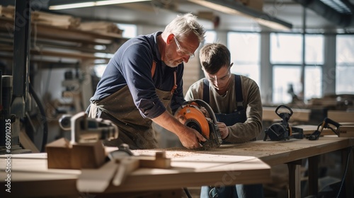 Senior male carpenter assists younger colleague with measuring and cutting wood in carpentry workshop. Experienced carpenter shares knowledge and expertise with apprentice. photo