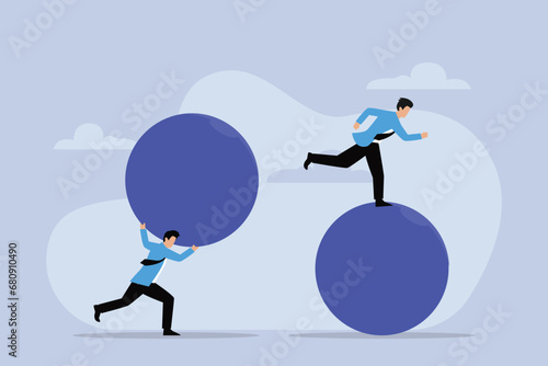 Businessman balancing on ball, man and woman drag on their self heavy balls 2d flat vector illustration