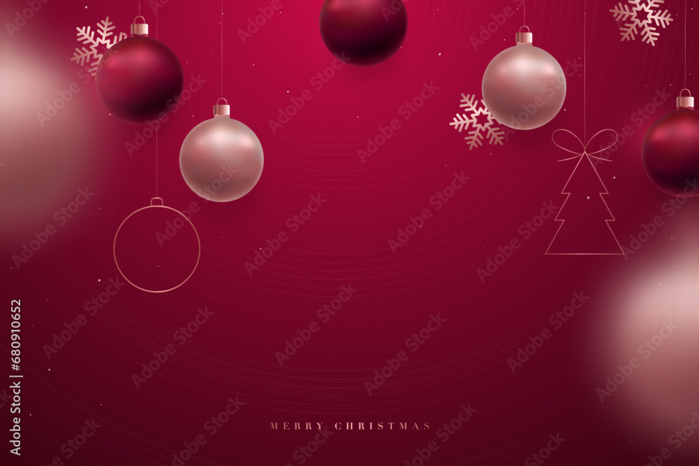 Christmas luxury red background with empty space for your design. Holiday Viva Magenta background with hanging rose gold and red balls. Hanging Ball motion blur effect. Christmas luxury red background with empty space for your design. Holiday Viva Magenta background with hanging rose gold and red balls. Hanging Ball motion blur effect.