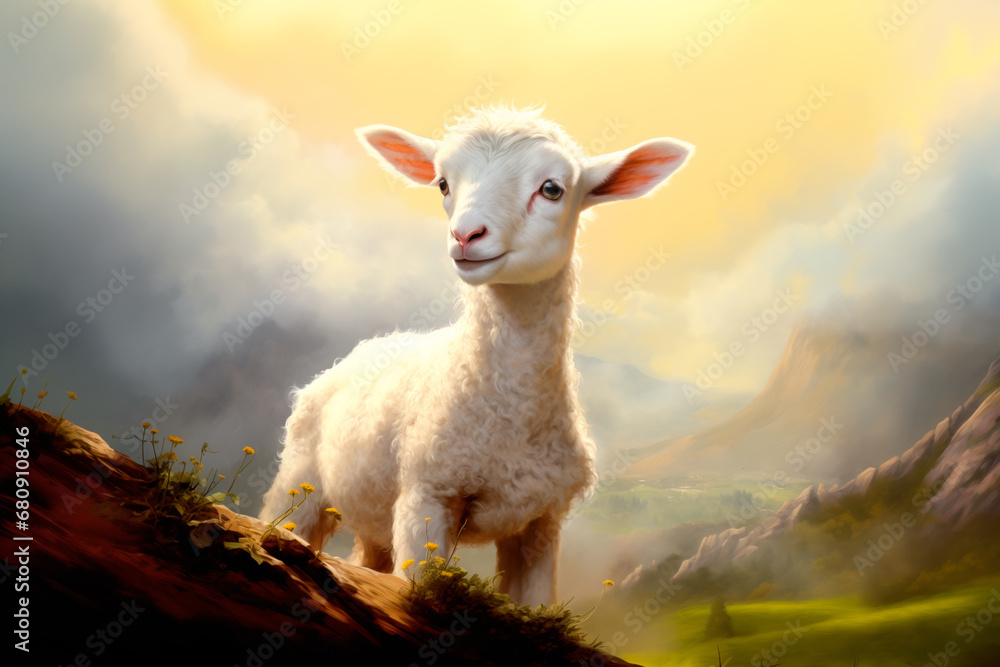 Naklejka premium A lamb standing in a green grassy field and clouds against the blue skies. Innocence and sacrifice concept. No people