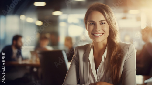 Successful Business woman boss sitting in a boardroom with her team on Defocused Bokeh flare office background