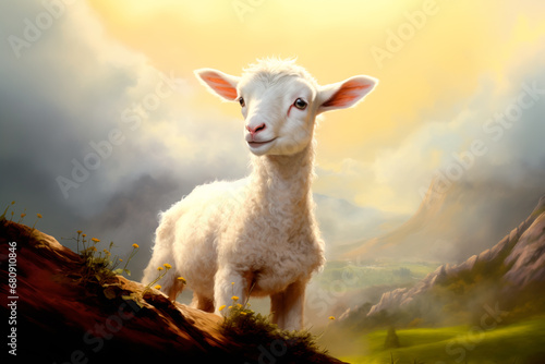 A lamb standing in a green grassy field and clouds against the blue skies. Innocence and sacrifice concept. No people photo
