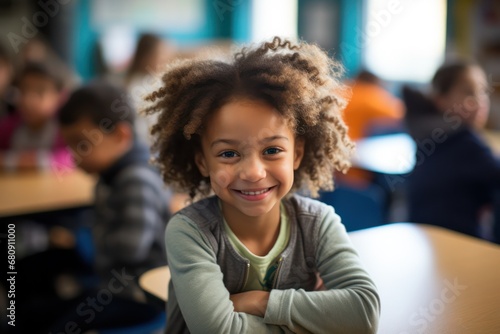 Portrait of smiling girl with book on bench in classroom