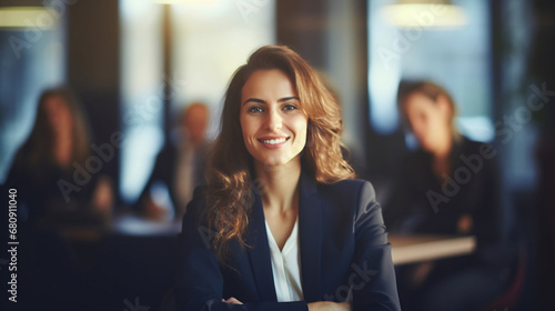 Successful Business woman boss sitting in a boardroom with her team on Defocused Bokeh flare office background © BeautyStock