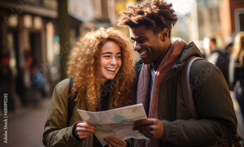 An African American guy and a girl are standing on the city street with a map in their hands, smiling, generative AI