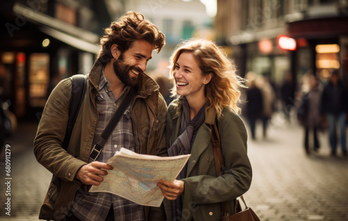 A guy and a girl are standing on the city street with a newspaper in their hands, smiling, generative AI





