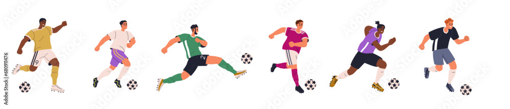 Soccer players set. Sports men playing European football game, running with ball. Athlete characters in motion, kicking, hitting with foot. Flat vector illustration isolated on white background