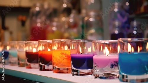 Burning candles in glass on table in dark room, closeup