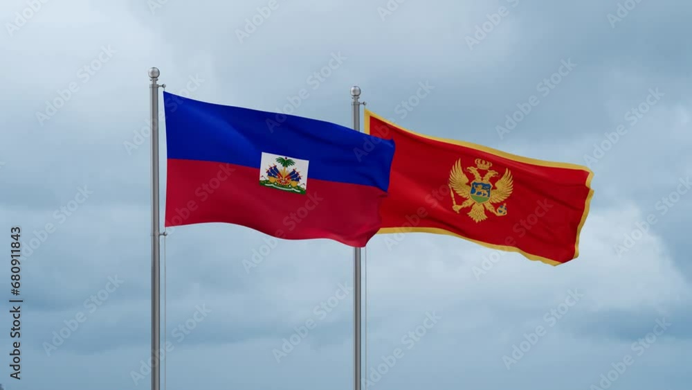 Montenegro and Haiti flag waving together on cloudy sky, endless seamless loop, two country cooperation concept Montenegro and Haiti flag waving together on cloudy sky, endless seamless loop, two country cooperation concept