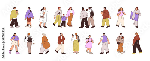 People walking on street set. Characters outdoors, going on different businesses, strolling with friend, talking on phone. Pedestrians, citizens. Flat vector illustrations isolated on white background