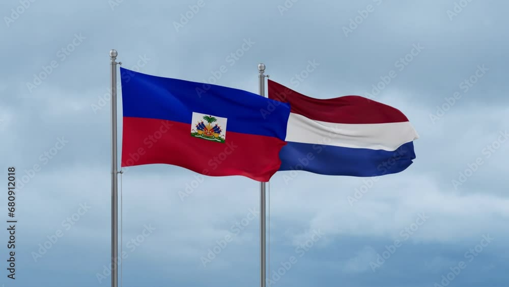 Netherlands flag and Haiti flag waving together on cloudy sky, endless seamless loop, two country relations concept Netherlands flag and Haiti flag waving together on cloudy sky, endless seamless loop, two country relations concept