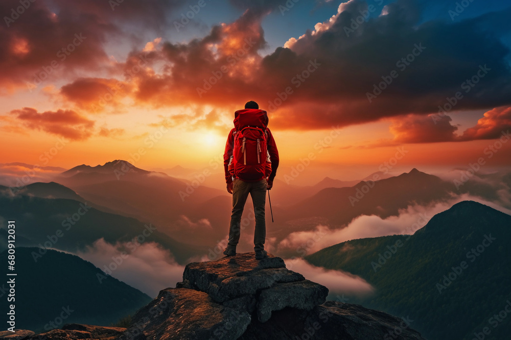 Hiker's Silhouette on Mountain Summit, Embodiment of Triumph and Achievement, Exhilarating Success at Peak, Active Lifestyle and Ascent Victory Concept Generative AI.