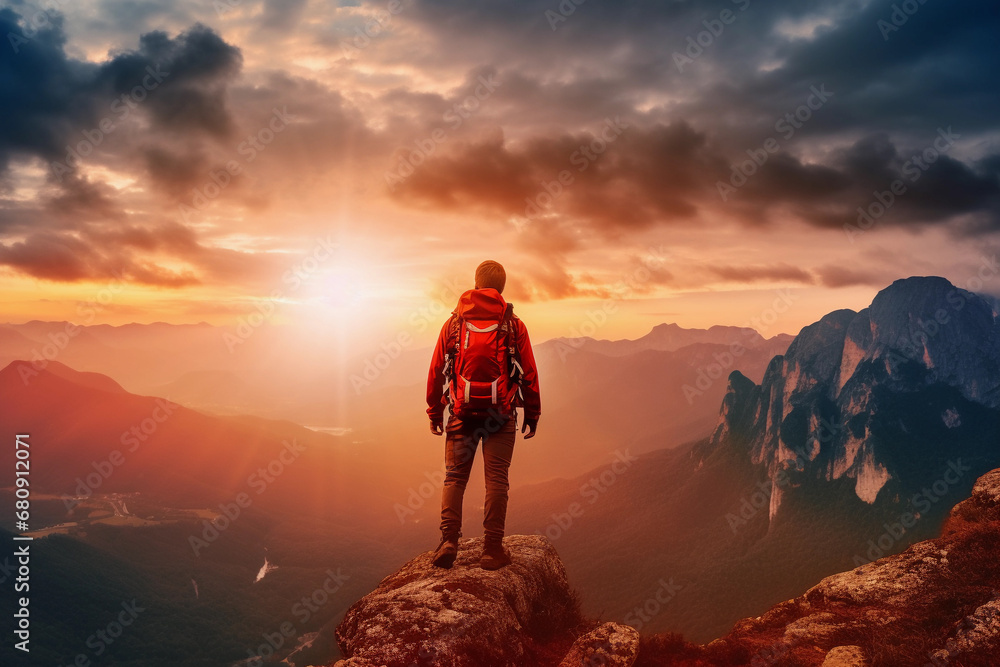 Fototapeta premium Man standing on mountain summit at sunset. Mountaineer summit view Generative AI.