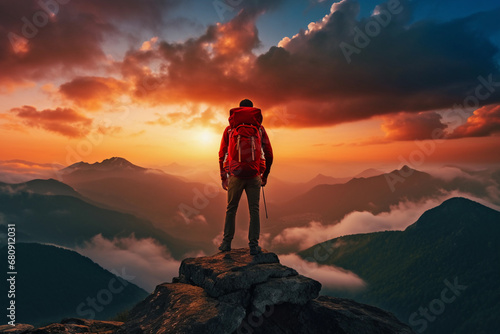 Hiker's Silhouette on Mountain Summit, Embodiment of Triumph and Achievement, Exhilarating Success at Peak, Active Lifestyle and Ascent Victory Concept Generative AI.