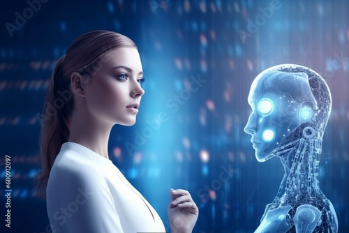 Futuristic Couple with AI Robot, Human-Android Partnership, Integrating Hybrid Android into Modern Life. Generative AI.