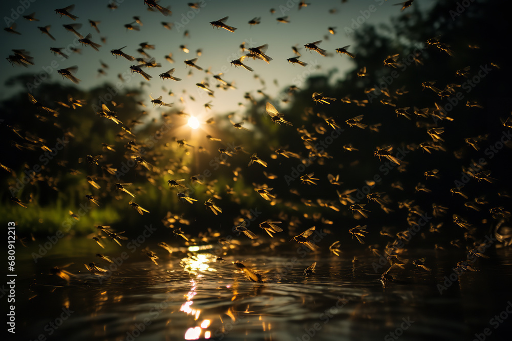 A large swarm of mosquitoes hovering over a stagnant pond, symbolizing the risk of diseases like malaria and dengue - obrazy, fototapety, plakaty 
