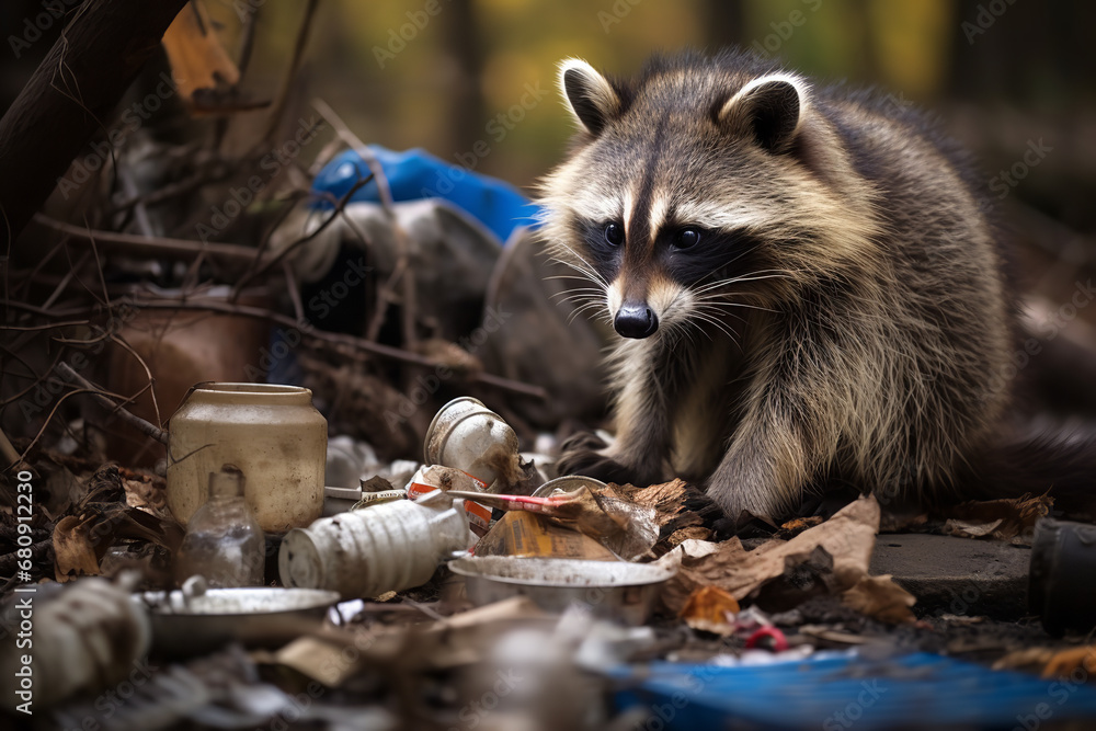 An urban raccoon spotted at night as it rummages through a trash can, showcasing the issue of urban pests - obrazy, fototapety, plakaty 