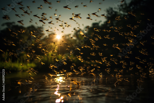 A large swarm of mosquitoes hovering over a stagnant pond, symbolizing the risk of diseases like malaria and dengue