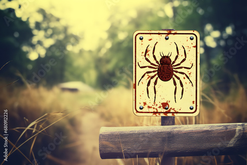 A warning sign posted in a hiking area alerting visitors of the risk of tick infestation and Lyme disease photo