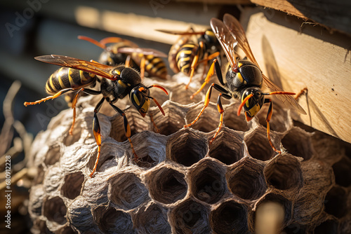 A colony of wasps is seen building a nest under the roof of a house, indicating an impending wasp problem photo