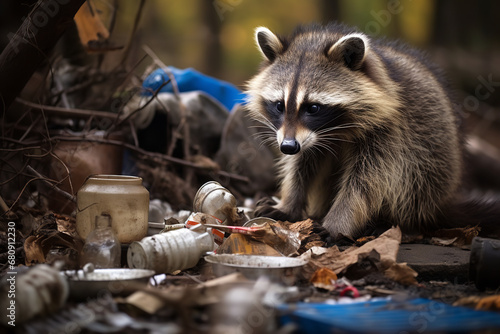 An urban raccoon spotted at night as it rummages through a trash can, showcasing the issue of urban pests