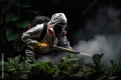 A pest control specialist in protective gear is spraying pesticides around the perimeter of a home to eliminate nuisances like rodents and insects