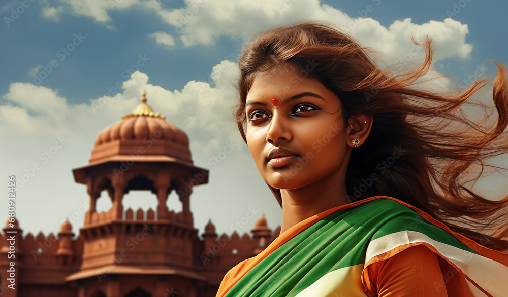 India women wear sari flag of India with red fort background, independence day or  republic day concept, Generative AI - obrazy, fototapety, plakaty 